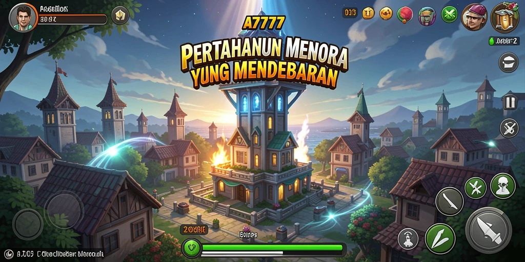 Tampilan gameplay A7777 menampilkan aksi menara pertahanan yang intens.