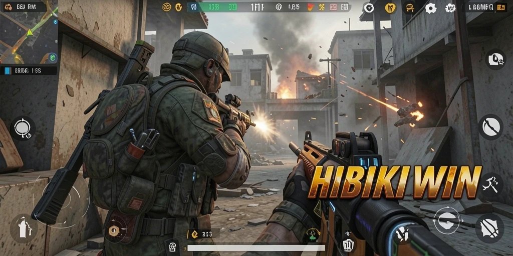 Screenshot HIBIKIWIN menampilkan aksi tembak-menembak yang seru dan intens.
