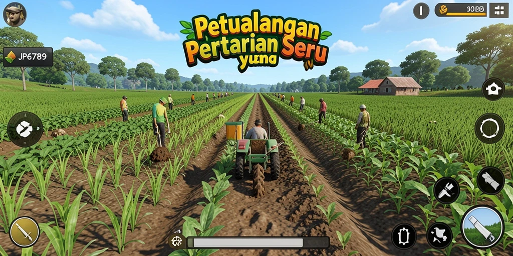 Screenshot JP6789 menampilkan petualangan seru di ladang dengan berbagai tanaman.
