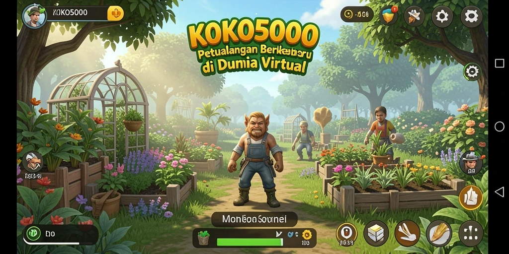 Tampilan gameplay KOKO5000 dengan kebun yang subur dan berwarna-warni.
