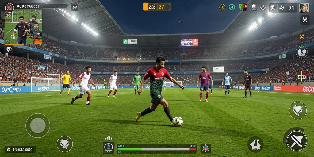 Tangkapan layar utama PCPC7 menampilkan aksi pertandingan sepak bola yang seru.