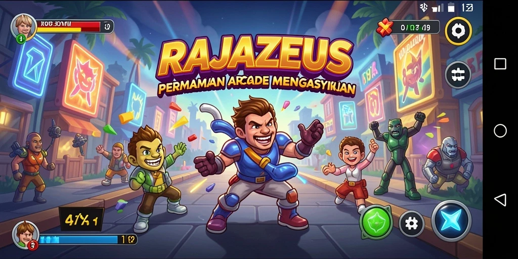 Screenshot RAJAZEUS menampilkan permainan arcade yang penuh tantangan.