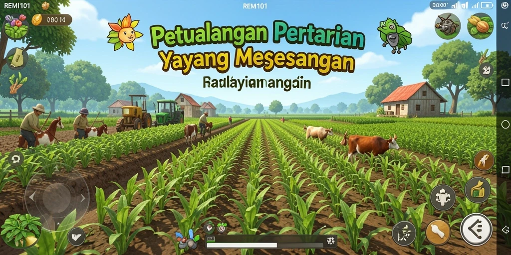 Tampilan gameplay REMI101 dengan pertanian yang indah.