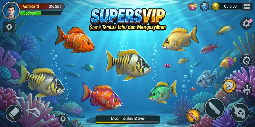 Screenshot gameplay SUPERSVIP memperlihatkan aksi menembak ikan yang seru.